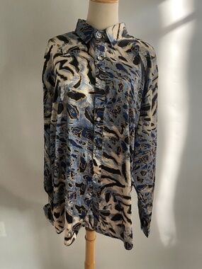 ZEROYAA Mens XXL Abstract Animal Print Button Up Shirt Blue Black Long Sleeve